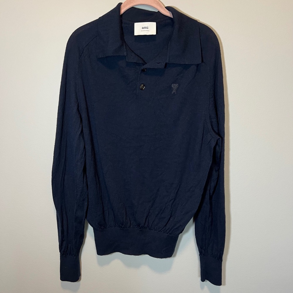Ami Alexandre Mattiussi Navy Extra Fine Merino Wool Long Sleeve Polo Sweater L